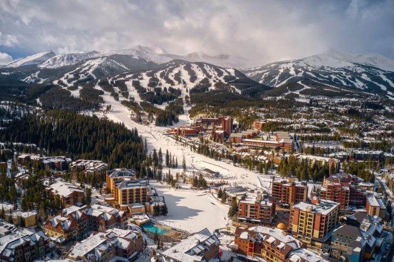 An aerial view of Breckenridge, Colorado during ski season