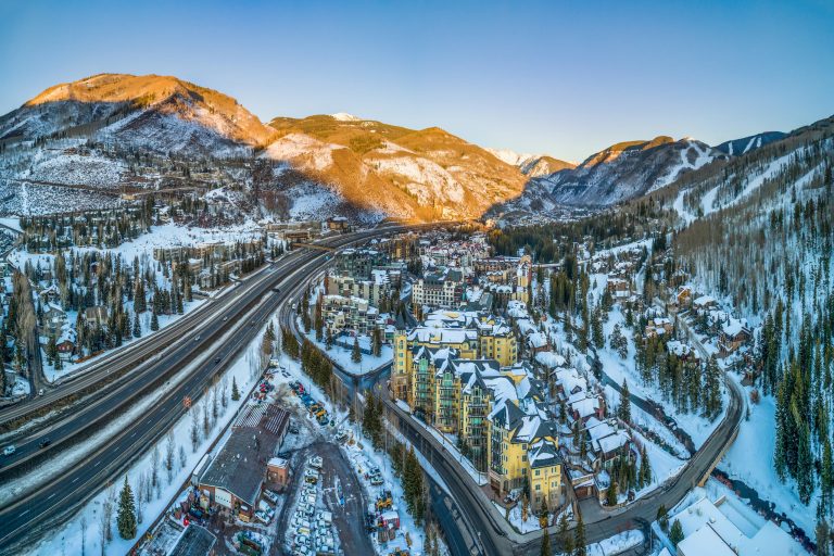 An aerial photograph of Beaver Creek, Colorado during ski season covered in snow